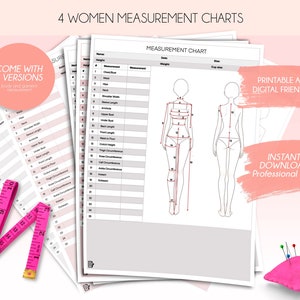 Puede incluir: Cuatro tablas de medidas imprimibles para mujeres, que presentan una vista frontal y posterior de una figura femenina con medidas corporales etiquetadas. Las tablas están diseñadas para su uso en diseño de moda y costura, con un esquema de color rosa y blanco. El texto "¡Imprimible y compatible con dispositivos digitales!" y "Descarga instantánea Aspecto profesional" está incluido.