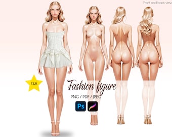 May include: A digital illustration of a fashion figure in four poses, showing the front and back views. The figure is wearing a white corset and a white tulle skirt. The figure is standing with legs slightly apart and arms at the sides.