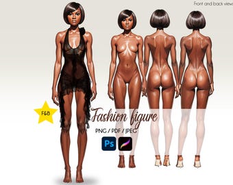 May include: A digital illustration of a fashion figure in four poses, showing the front and back views. The figure is a woman with dark skin and short black hair. She is wearing a black sheer dress with a ruffled hem. The image is labeled "Fashion figure" and includes the text "PNG/PDF/JPEG" and a Photoshop logo.