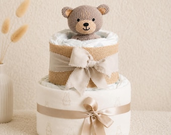 Neutral diaper cake | Baby gift for a boy or girl | Pampers size 3 | Crocheted bear teething ring | Gift for a pregnant colleague or christening