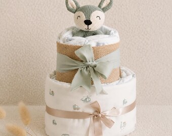 Personalized diaper cake for a boy | Baby gift for birth | Pampers size 3 | Crocheted deer rattle | Gift for a pregnant colleague | Christening gift