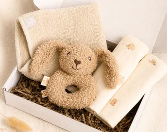 Neutral baby gift set, baby set, bunny biscuit teething ring, birth gift, ready-to-give baby gift, christening gift