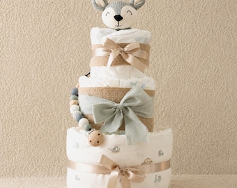 Boho Diaper Cake for a Boy, Mint Green | 3-Tier Baby Gift for Birth or Baby Shower | Handmade Welcome Gift