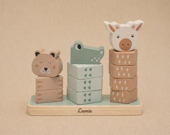 Personalized stacking tower with name, wooden toy for toddlers, jungle-themed educational toy, gift for birth, christening, birthday