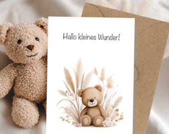 Baby Congratulations Card, Congratulations on the Birth, Baby Postcard for Birth Boho | Neutral Folded Card with Watercolor Teddy Bear Design
