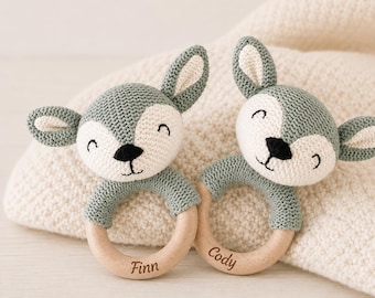 Personalized teething ring with name, Jollein rattle for baby boy, deer teething ring in green, engraved wooden teething ring, gift for newborns