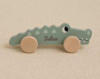 Jollein wooden crocodile engraved with name, push car, push toy for babies from 6 months