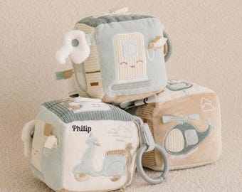 Personalized Baby Boy Activity Cube | Fabric Sensory Cube with Crinkle Effects | Baby Gift for Birth