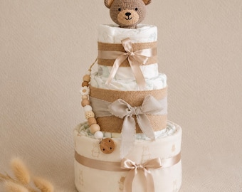 Diaper Cake Neutral Beige | Baby Gift for Boys & Girls | Includes Rattle Bear and Pacifier Chain