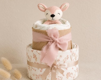 Personalized diaper cake for a girl | Baby gift for a girl's birth | Pampers size 3 | Crocheted deer rattle | Gift for a pregnant colleague | Christening gift