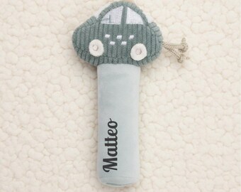 Personalized baby rattle, baby teething ring with name, fabric rattle, car-shaped baby gift & gift for newborns