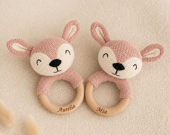 Personalized teething ring with name, Jollein rattle for baby girls, pink deer teething ring, engraved wooden teething ring, gift for newborns