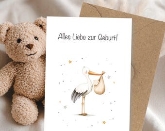 Baby congratulations card, congratulations on the birth, baby postcard for the birth, folding card with boho stork watercolor design