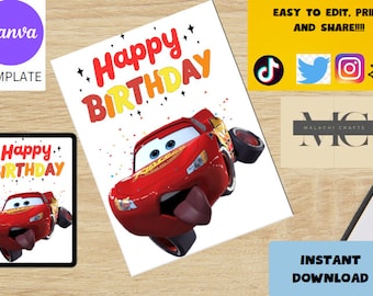 LIGHTNING MCQUEEN Cars Birthday, card, Cars Birthday card, Printable Cars invitation,  invite, Disney Birthday card, for him, for kids