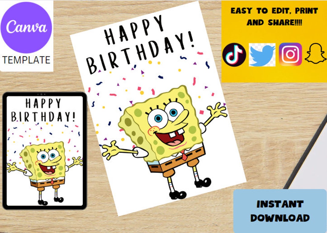 SPONGEBOB Printable Birthday Cards, Printable Card, Cartoon Birthday ...