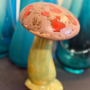 Vintage Handmade Ceramic Mushroom – Red Cap Toadstool Sculpture – 1970s Style Retro Forest Decor
