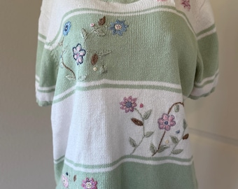 Vintage 90s Embroidered Floral Knit Sweater | Sage Green & Ivory Striped | Size XL | Retro Cottagecore Pullover | Cozy Oversized Knit Top