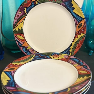 Set of 4 Vintage 1980s Rialto Van Beers Dinner Plates – Retro Art Plates – Collectible Pop Art Dish Set – Funky Eclectic Kitchen Decor