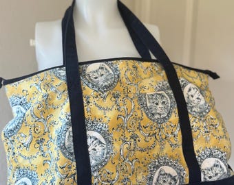 Handmade Yellow Cat Print Tote Bag | Large Shoulder Bag with Black Trim | Whimsical Kitty Purse | Cottagecore Tote