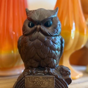 Vintage Ceramic Owl Coin Bank – “Be Wise Save” – Brown Owl Bank – Retro 1970s Owl Decor