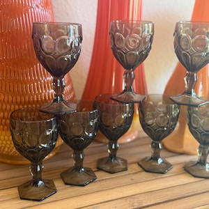 Vintage Fostoria Moonstone Goblets – Set of 8 Smokey Brown Glasses – Mid Century Modern Hex Base Stemware – 1960s Retro Barware