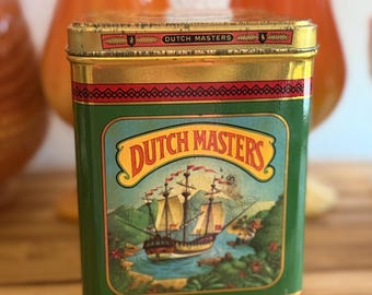 Vintage Dutch Masters Cigar Tin Green Gold Ship Design Tobacco Tin Retro Storage Box Collectible Metal Tin