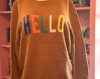 St. John’s Bay Brown Crewneck Sweater Size Large Colorful Hello Graphic Pullover Cozy Casual Knit Top Retro Style