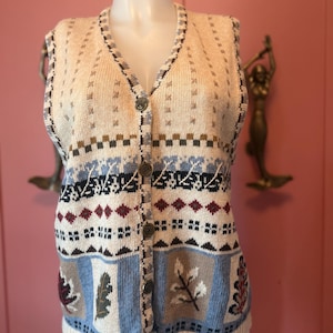 Vintage Cascade Blues Sweater Vest | Cream Autumn Leaf Knit Button Down Vest | Ramie Cotton Fall Cottagecore Medium