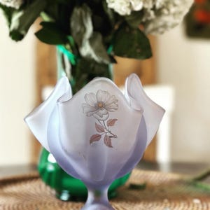 Vintage Fenton Lavender Satin Glass Vase – Ruffled Pedestal Vase with Floral Design – Collectible Art Glass Home Décor