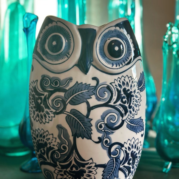 Vintage Blue and White Ceramic Owl Vase