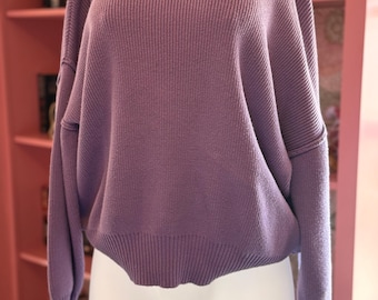Purple Oversized Knit Sweater Medium Crewneck Pullover Dropped Shoulder Ribbed Cuffs Modern Cozy Soft Knit Jumper