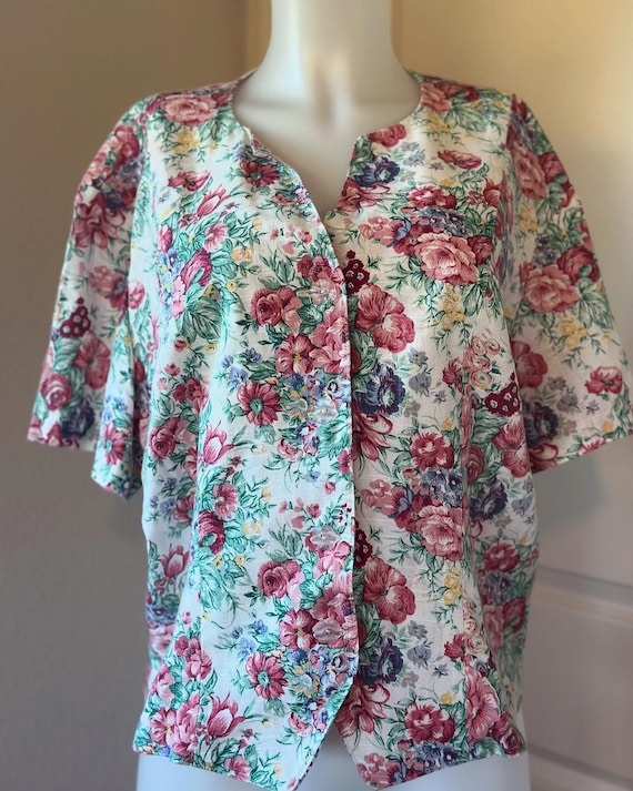 Vintage Floral Button Up Blouse Women’s Large | Cottagecore Garden Print Shirt | 90s Grandma Chic Short Sleeve Top | Botanical Floral Blouse