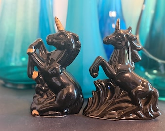 Vintage Black Unicorn Figurines Pair | Ceramic Rearing Horses | Whimsical Fantasy Home Decor