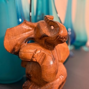 Hand Carved Wooden Elephant Figurine – Vintage Boho Animal Decor, Good Luck Elephant Statue, Rustic Wood Sculpture