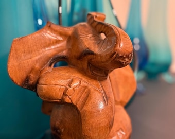 Vintage Hand Carved Wooden Elephant Figurine Boho Decor Lucky Elephant Statue Rustic Wood Animal Sculpture