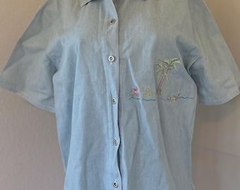 Vintage Teddi Light Denim Embroidered Palm Tree Shirt | Women’s Large 90s Coastal Button Up | Beachy Summer Vintage Blouse
