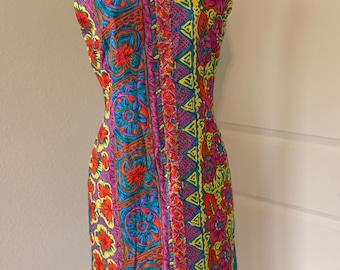 Vintage Boho Embroidered Dress Bright Multicolor Floral Geometric Tunic Womens Large Ethnic Festival Mini Dress Retro Style