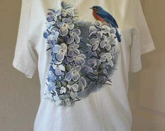 Vintage PFI Fashions Bluebird Floral Tee | Made in USA Collared T Shirt | Cottagecore Botanical Top Size Medium