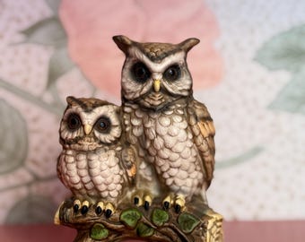 Vintage Owl Figurine Pair on Branch | Ceramic Woodland Decor | Cottagecore Retro Owl Statue | Nature-Inspired Shelf Accent