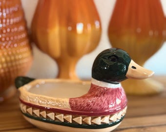 Vintage Mallard Duck Planter Trinket Dish – Hand Painted Ceramic – Japan Korea Pottery – Mid Century Duck Decor