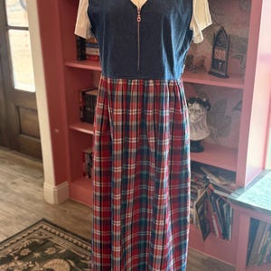 slim fit dress slacks Vintage 90s Denim and Flannel Plaid Maxi Dress  Total Recall Vintage