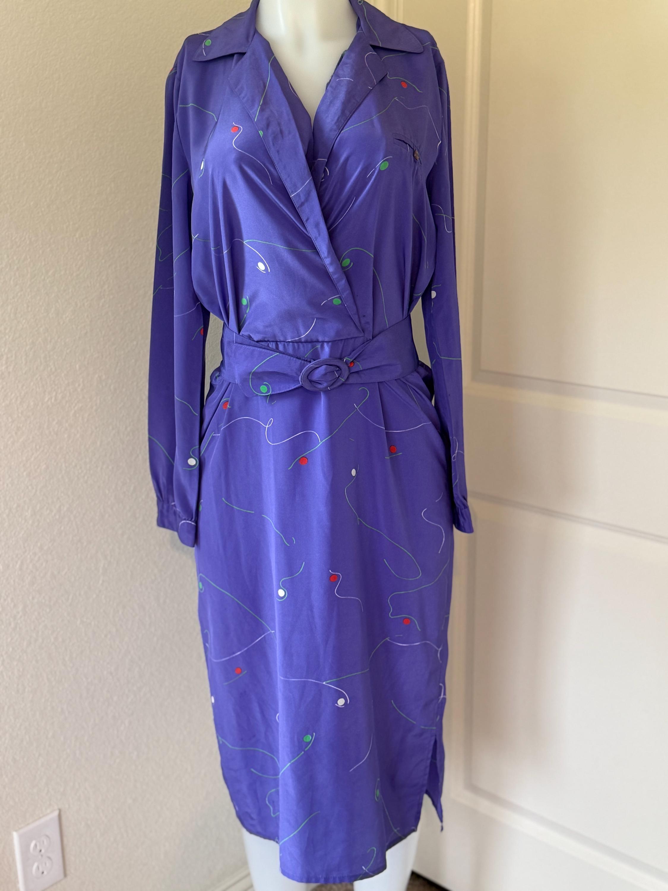 Vintage 80s Purple Wrap Dress by Lopez | Abstract Print Belted Midi | Long Sleeve Retro Secretary Dress | Size Large