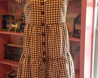 Brown White Gingham Tiered Romper Womens Medium Cottagecore Summer Romper Puff Sleeve Plaid One Piece Outfit