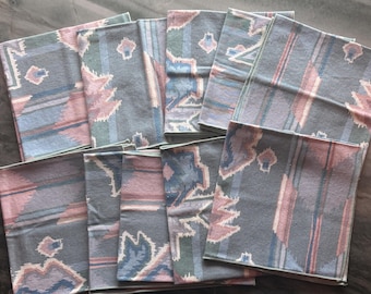 Vintage Set of 10 Southwestern Ikat Dinner Napkins Blue Green Pink Cotton Watercolor Table Linens Boho Rustic Home Decor