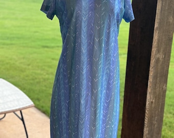 Vintage 90s CB New York Shirt Dress Size 14 | Blue Green Geometric Print Midi Dress | Retro 1990s Collared Button Front Dress