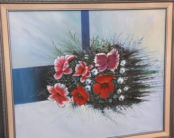 Vintage Framed Floral Still Life Painting | Bold Red Pink Flowers Wall Art | Large Cottagecore Home Decor 29.5x26