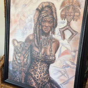 Original Framed African Queen Painting – 23.5x27.5 Inches, Tribal Woman & Leopard Art