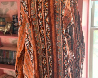 Wrangler Checotah Southwestern Aztec Snap Shirt | Orange Western Long Sleeve Button Front Top | Size 2X Modern