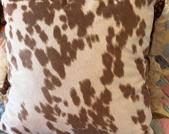 Vintage Western Cowhide Print Pillow | Faux Hide Accent Cushion | Rustic Farmhouse Boho Cowboy Decor | Brown & Cream Throw Pillow