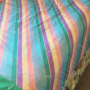 Vintage Handmade Tie Quilt – Queen Size Pastel Rainbow Striped Bedspread – 80s Style Colorful Bedding